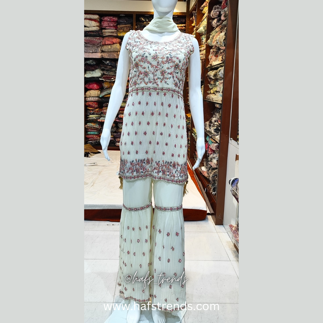 Half white Full embroided sharara set