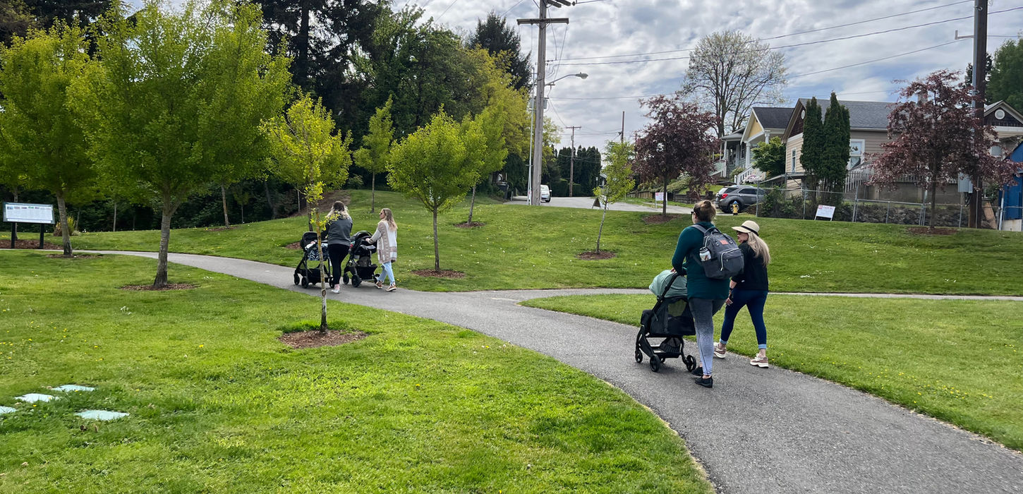 people will strollers walk through a park