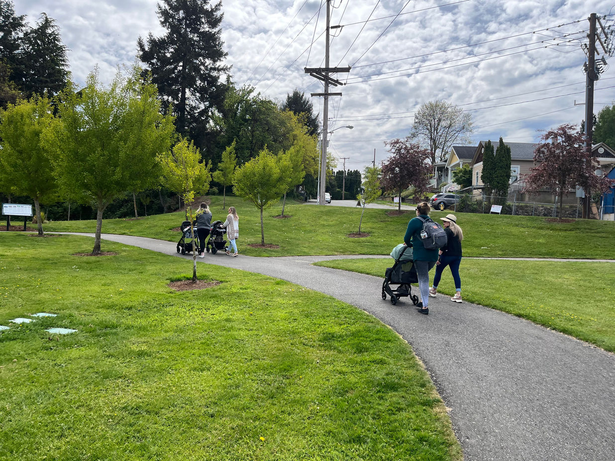 people will strollers walk through a park