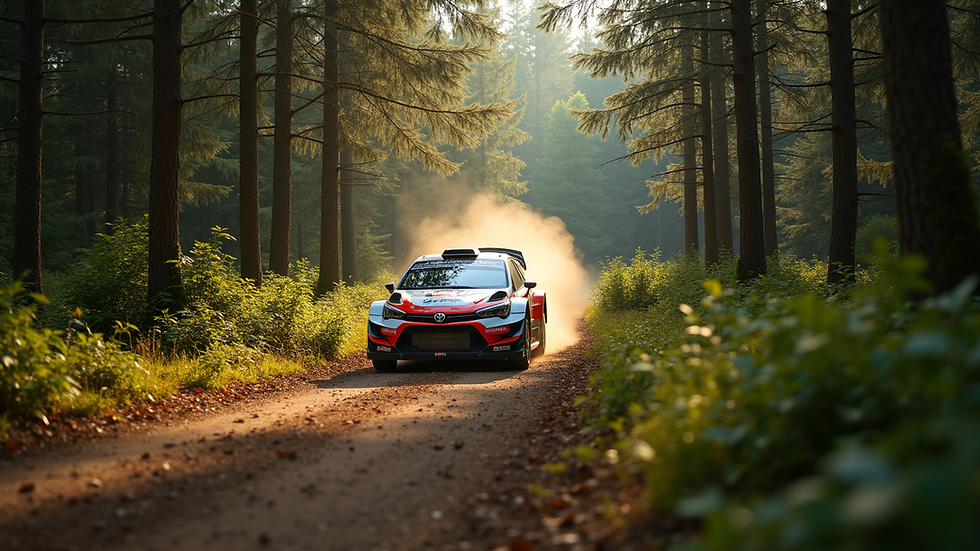 Eye-level view of a rally car speeding through a forested trail