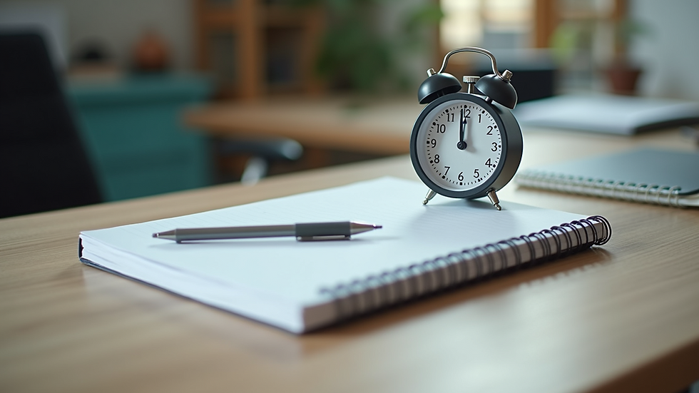 Black alarm clock and pen on a spiral notebook in a modern office setting. Background is blurred with notebooks and wooden desk.