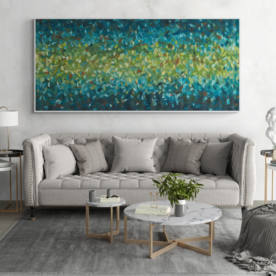 Large scale colourful abstract fine art canvas print in a contemporary elegant living room