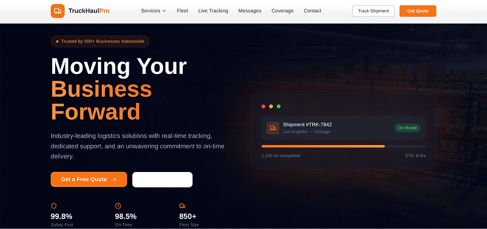 The website should convey strength, reliability, safety, and efficiency while presenting the company as a trusted transportation partner for businesses nationwide.