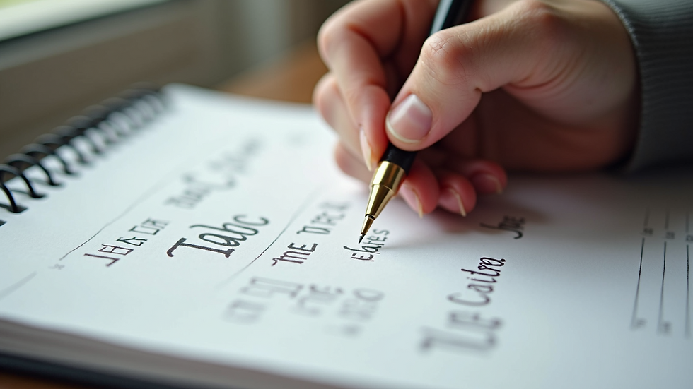 Close-up view of a designer's hand writing ideas in a notebook