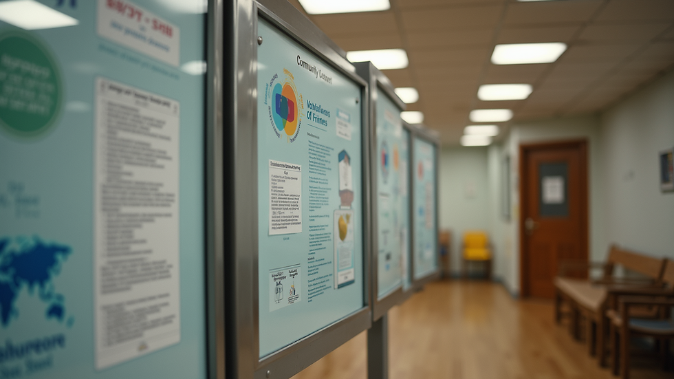 Eye-level view of a community centre with volunteer information boards