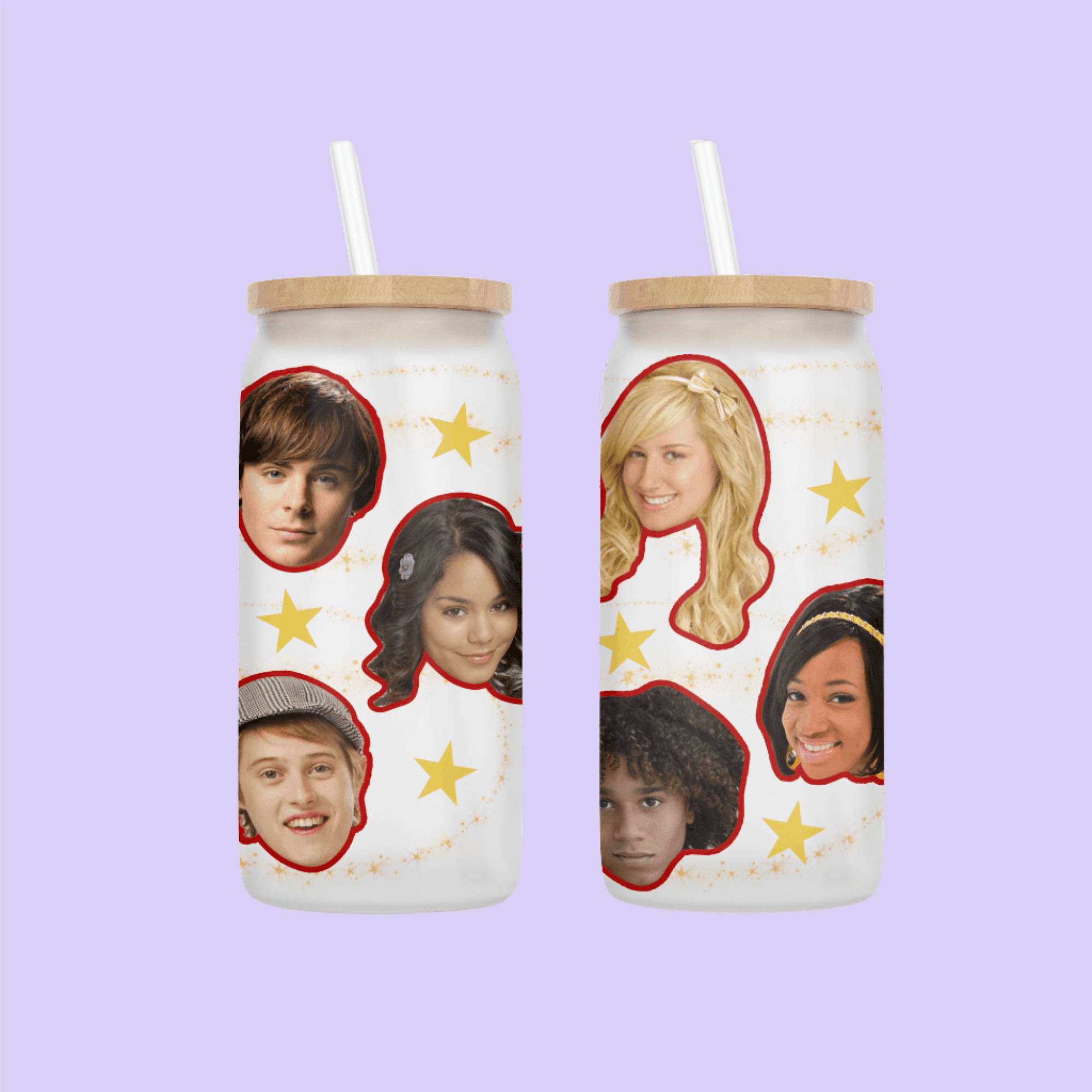 Two glass tumblers with High School Musical cast members and stars