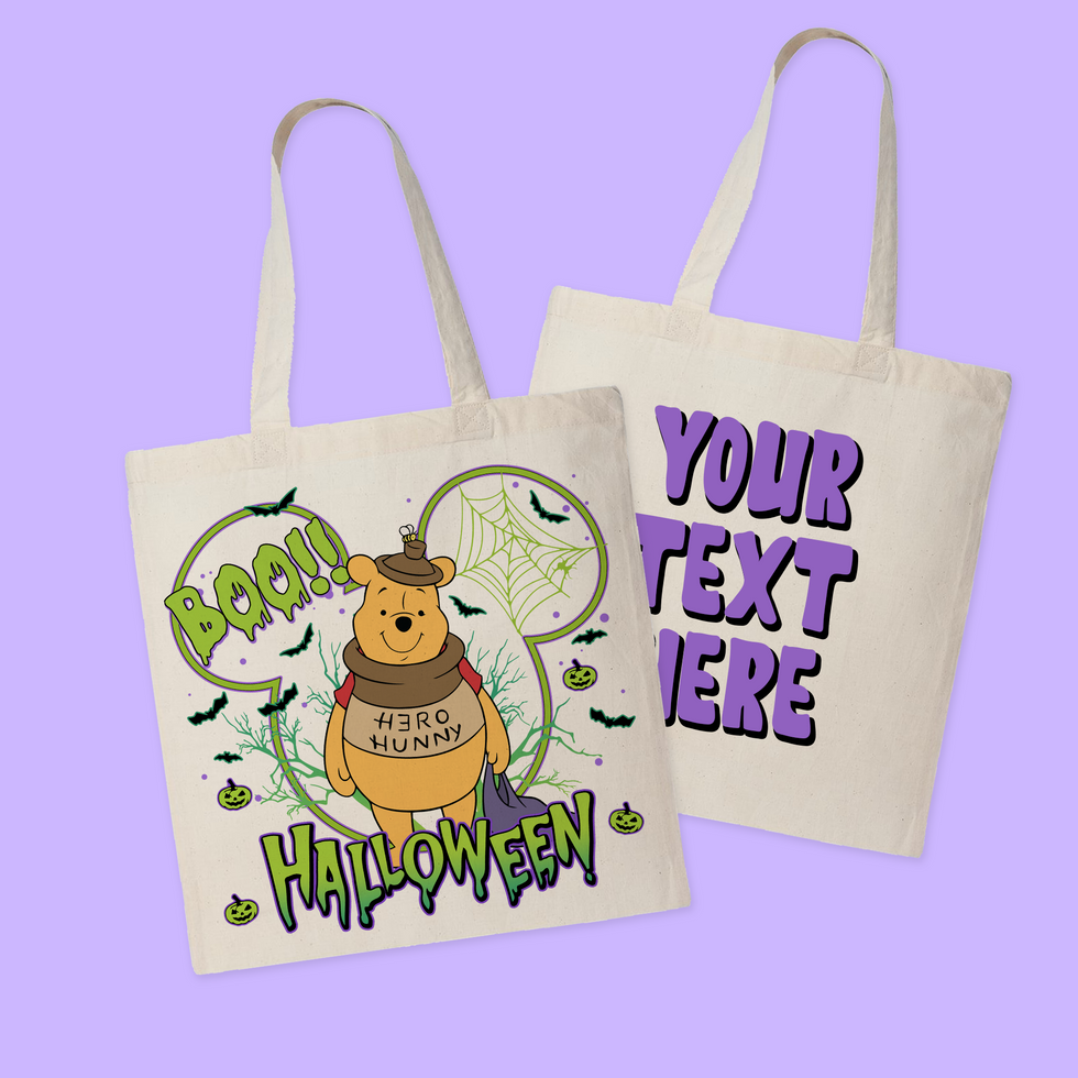 Two Halloween tote bags with Winnie the Pooh and text. Your text here.