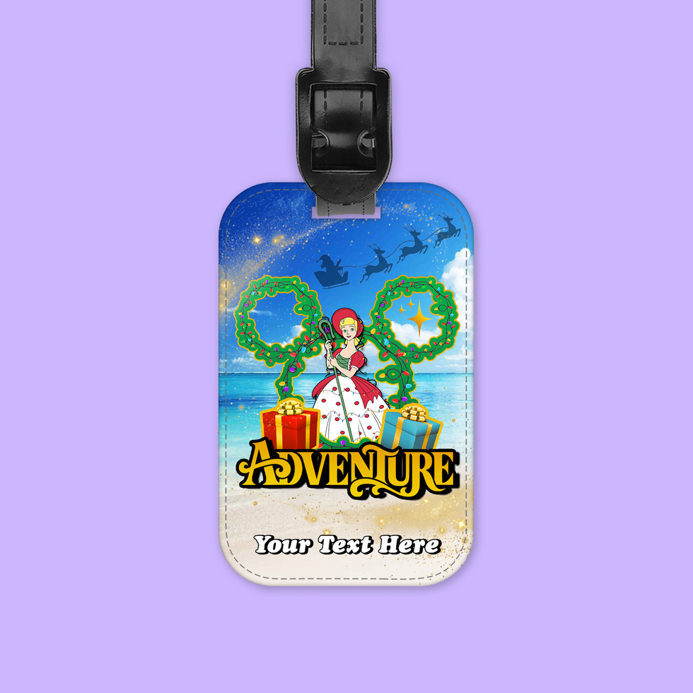 Luggage tag with illustration, Adventure, Your Text Here, Christmas theme, beach background.