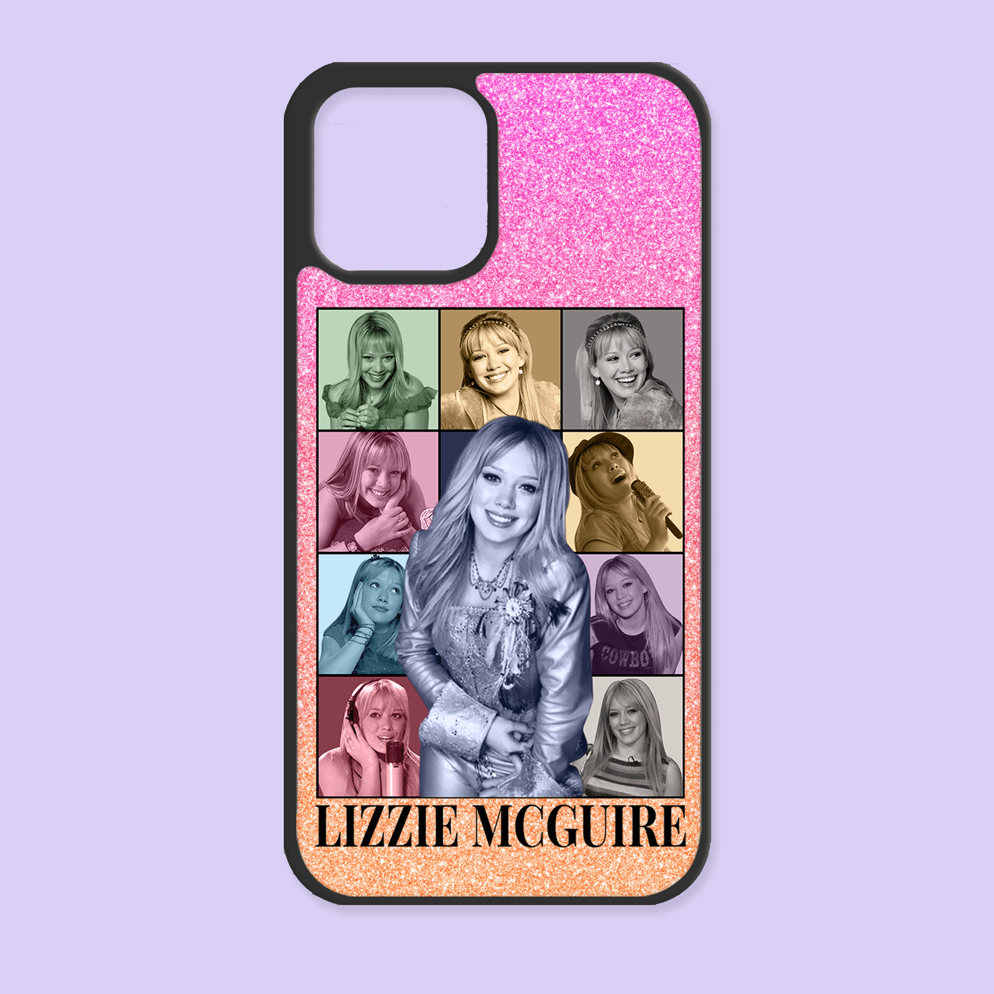 Phone case with multiple images of Lizzie McGuire and her name displayed.