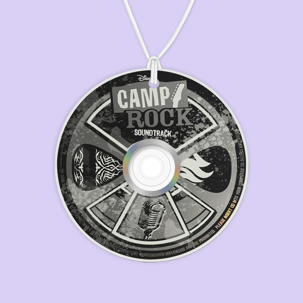 Camp Rock Soundtrack CD air freshener on a lavender background with text.