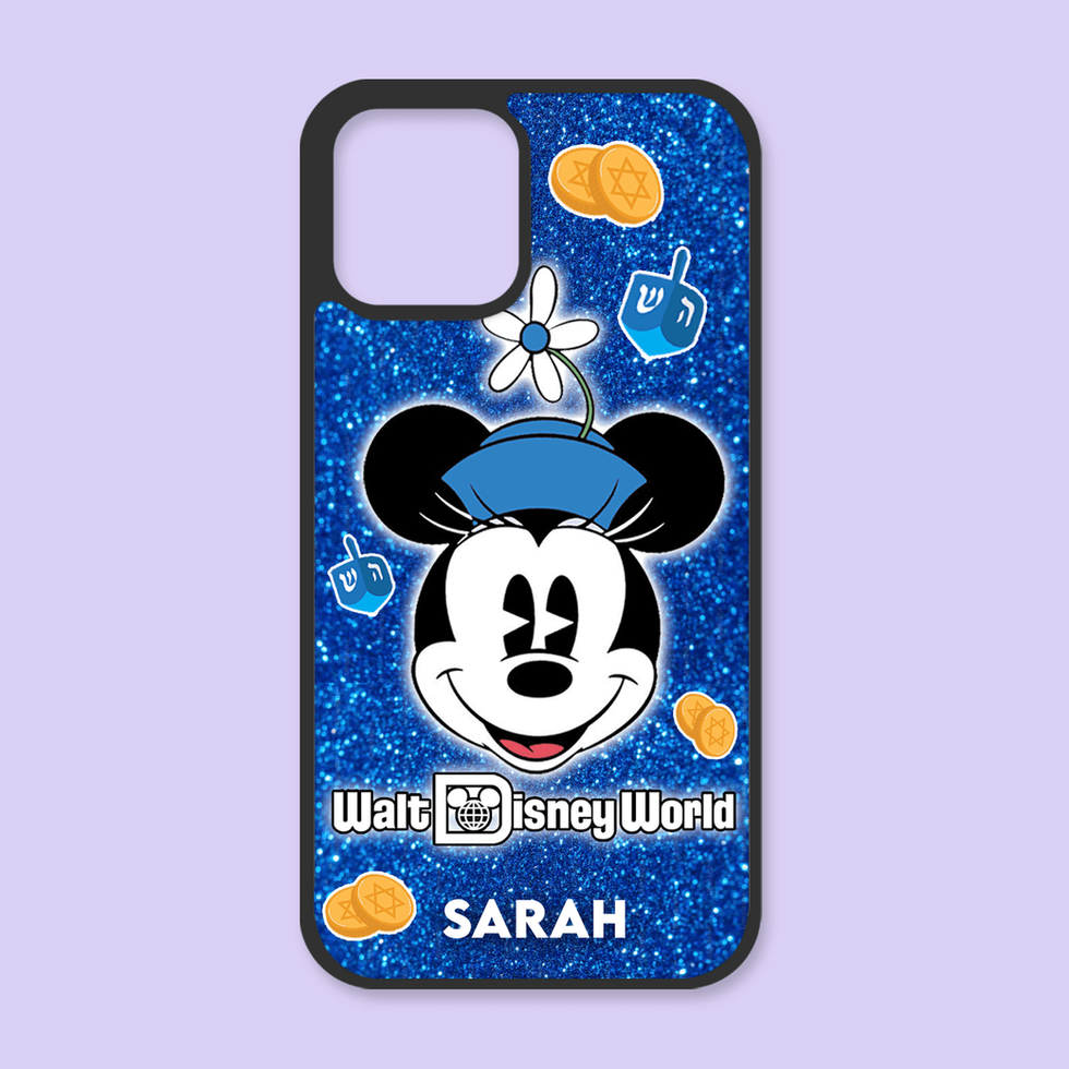 Mickey Mouse phone case with Walt Disney World, SARAH text, and blue glitter background