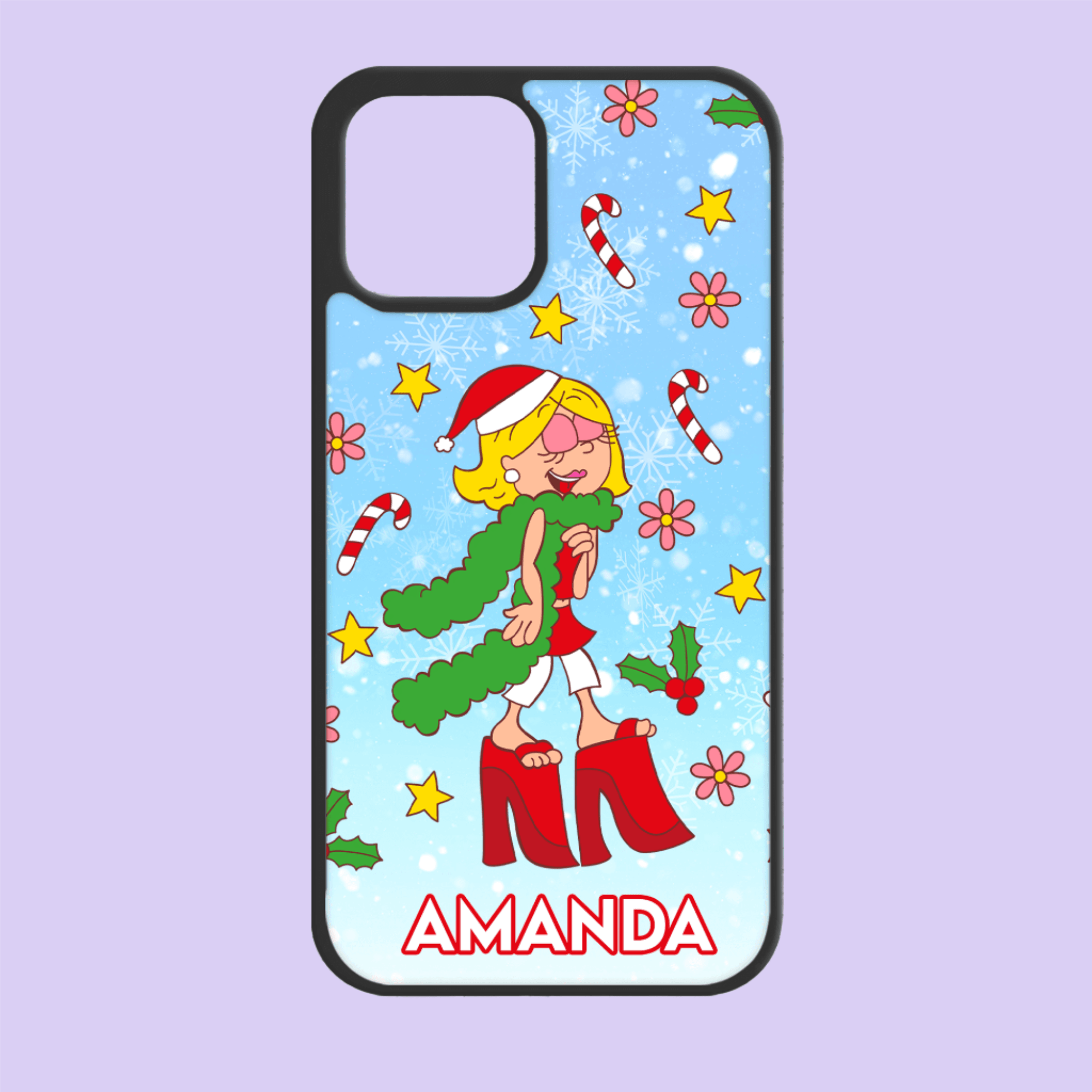 Amanda design on a phone case, with Christmas theme and falling snowflakes.