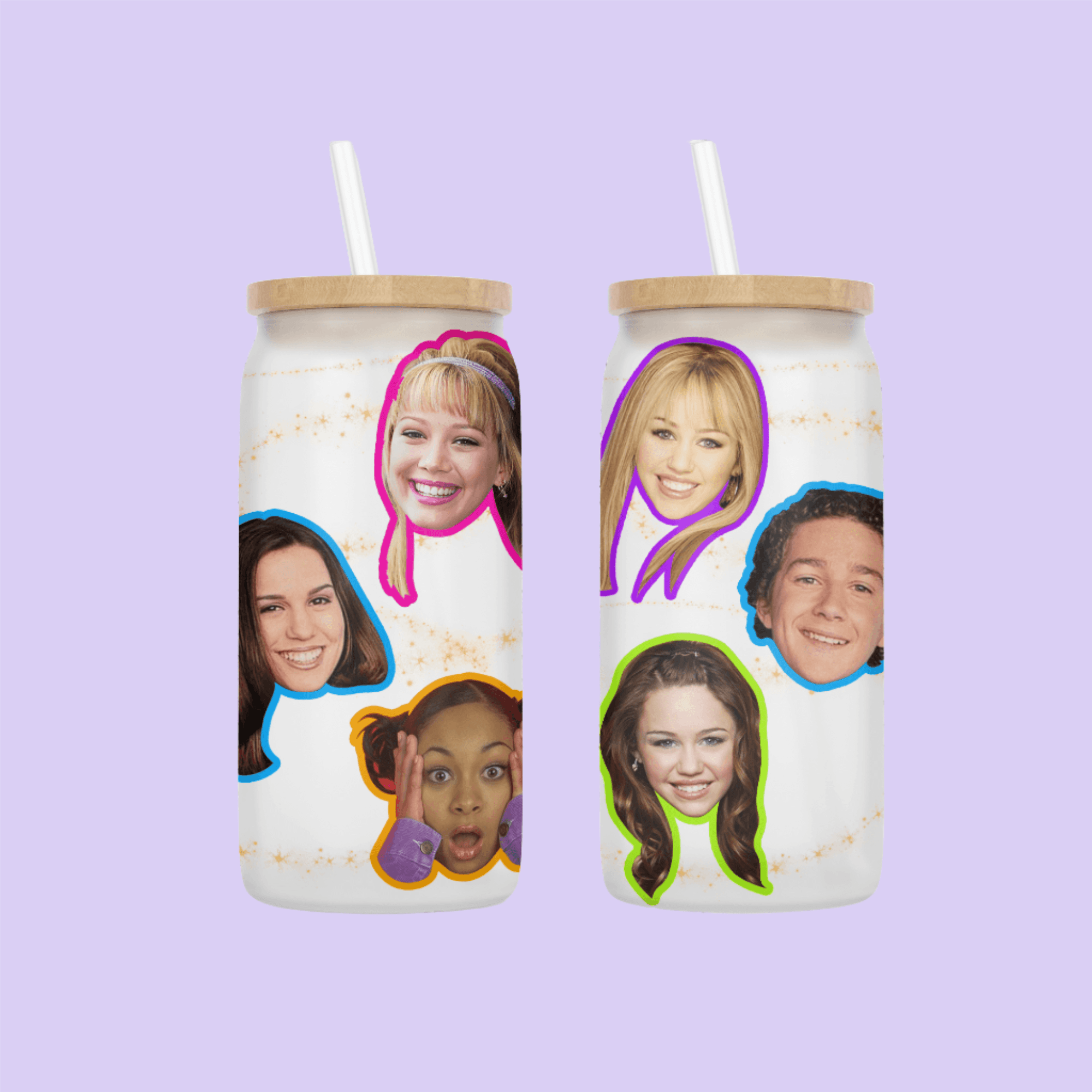 Two glass tumblers with celebrity faces and straws, fun and colorful design.