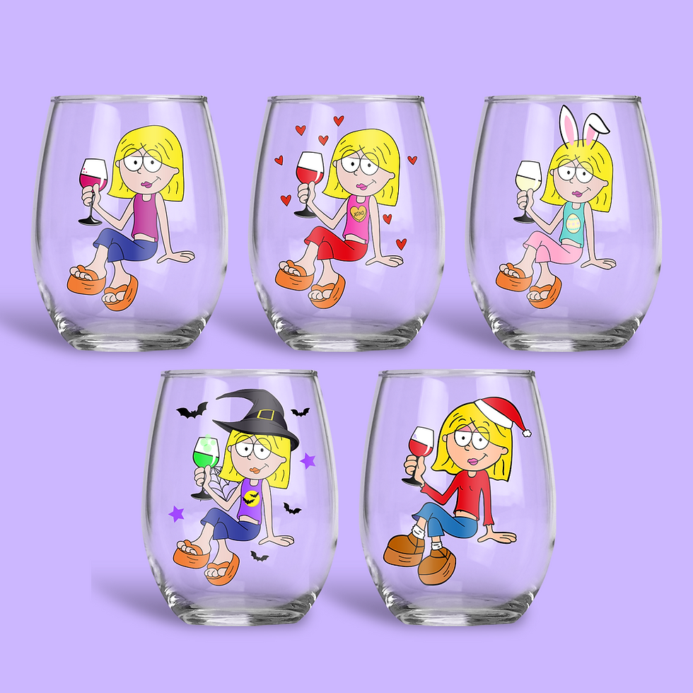 Thumbnail: Wine glasses with a cartoon girl in different seasonal outfits, holding wine.
