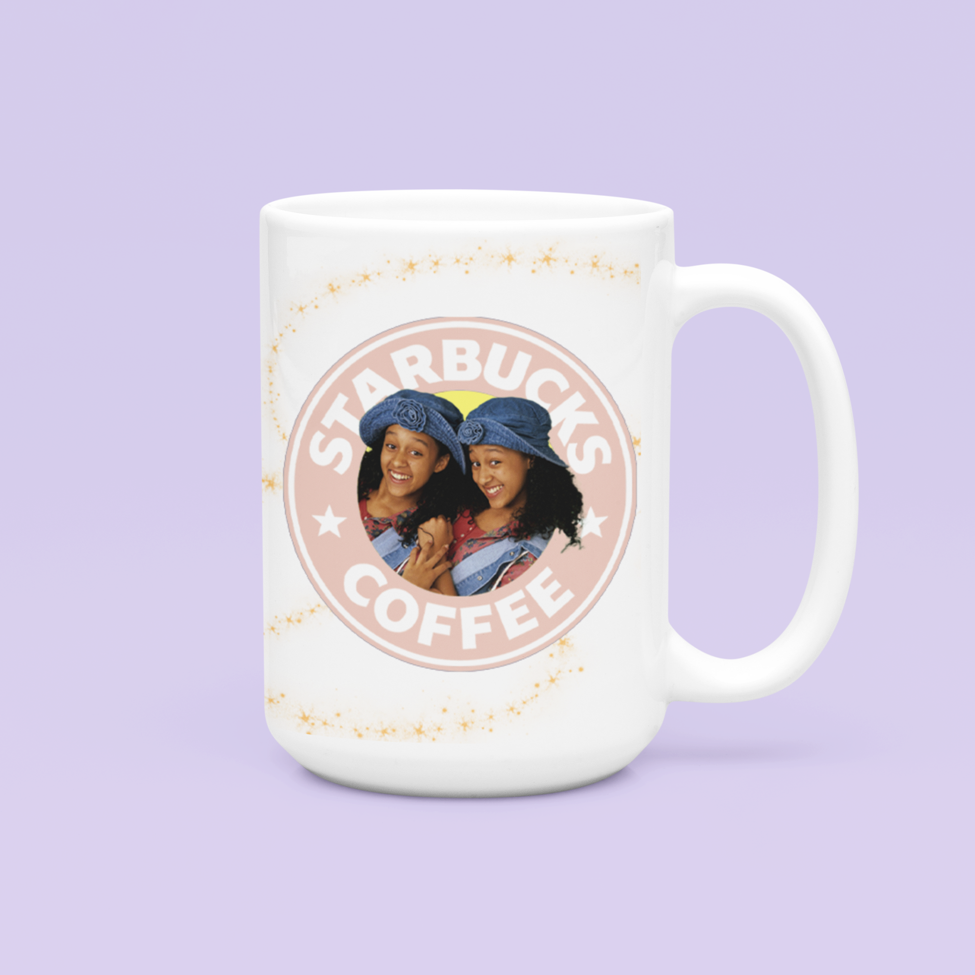 White Starbucks coffee mug featuring stylized image of two women in denim hats.