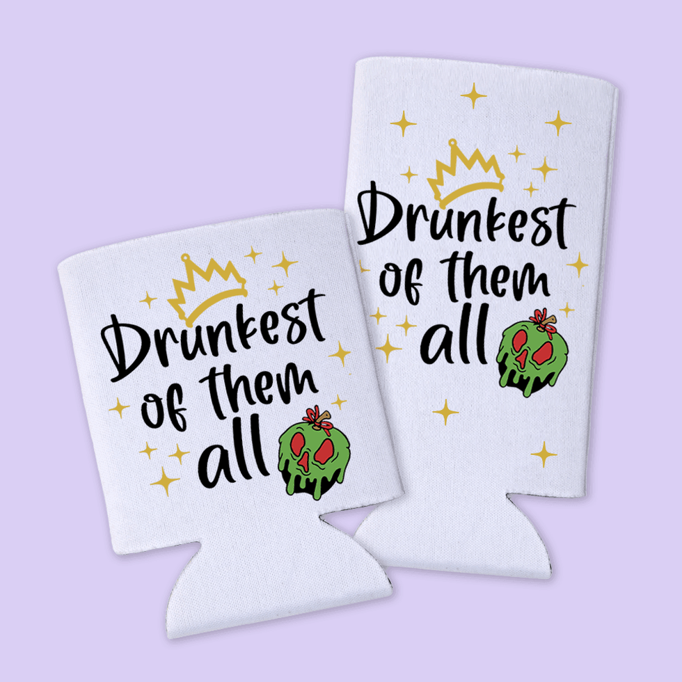 Two white drink koozies with text: Drunkest of them all and poison apple.
