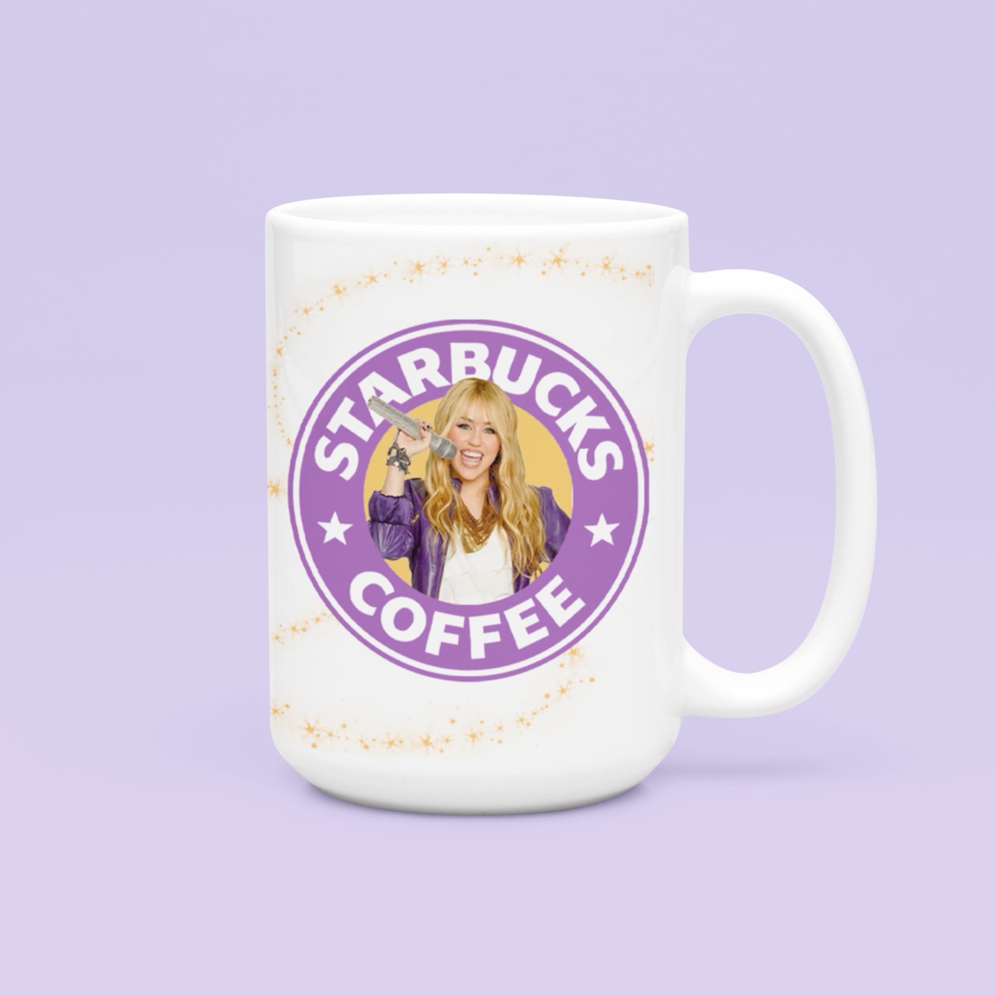 Mug with Starbucks Coffee logo with Miley Cyrus image, purple background.