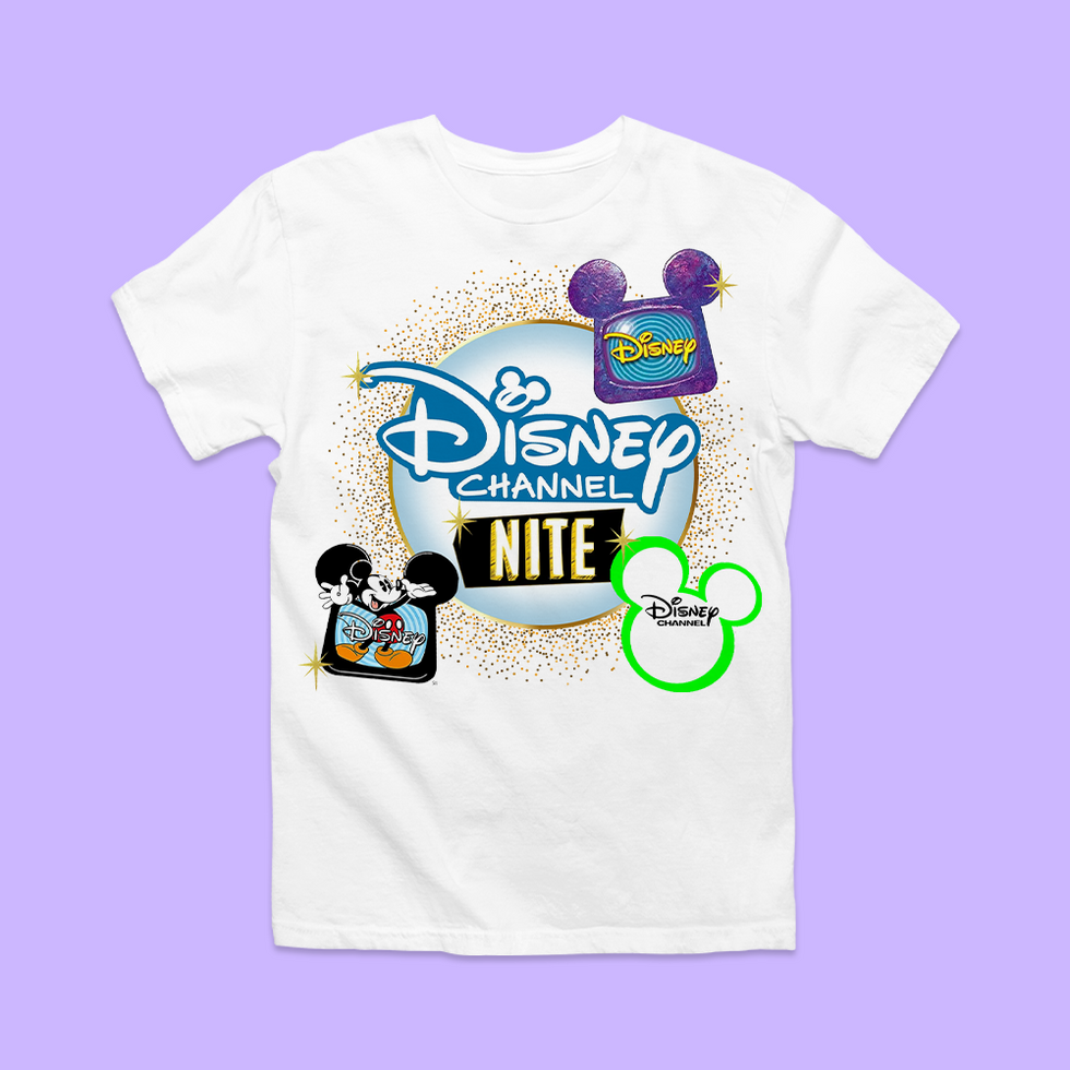 White t-shirt displaying Disney Channel Nite logo and Mickey Mouse graphics.