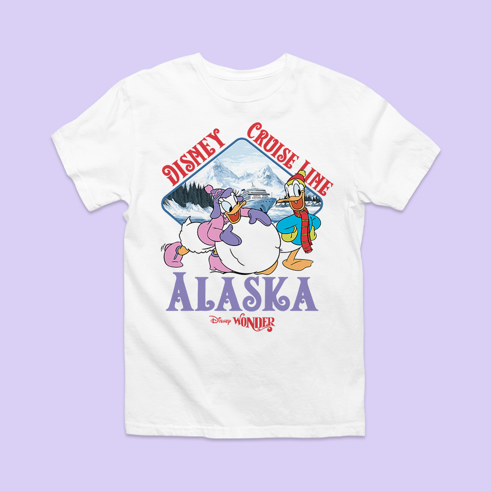 White t-shirt with Disney Cruise Line and Alaska design featuring Donald Duck and Daisy.