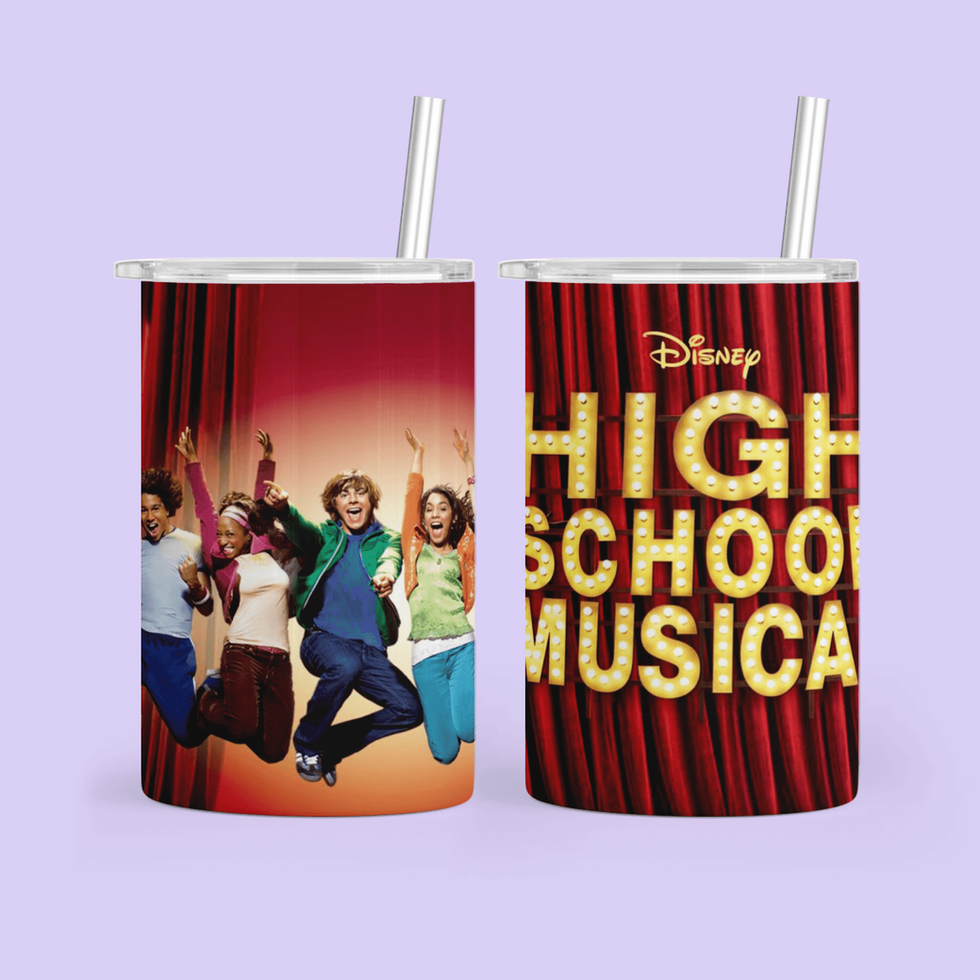 High School Musical tumbler, Disney branding, people jumping, curtain background.