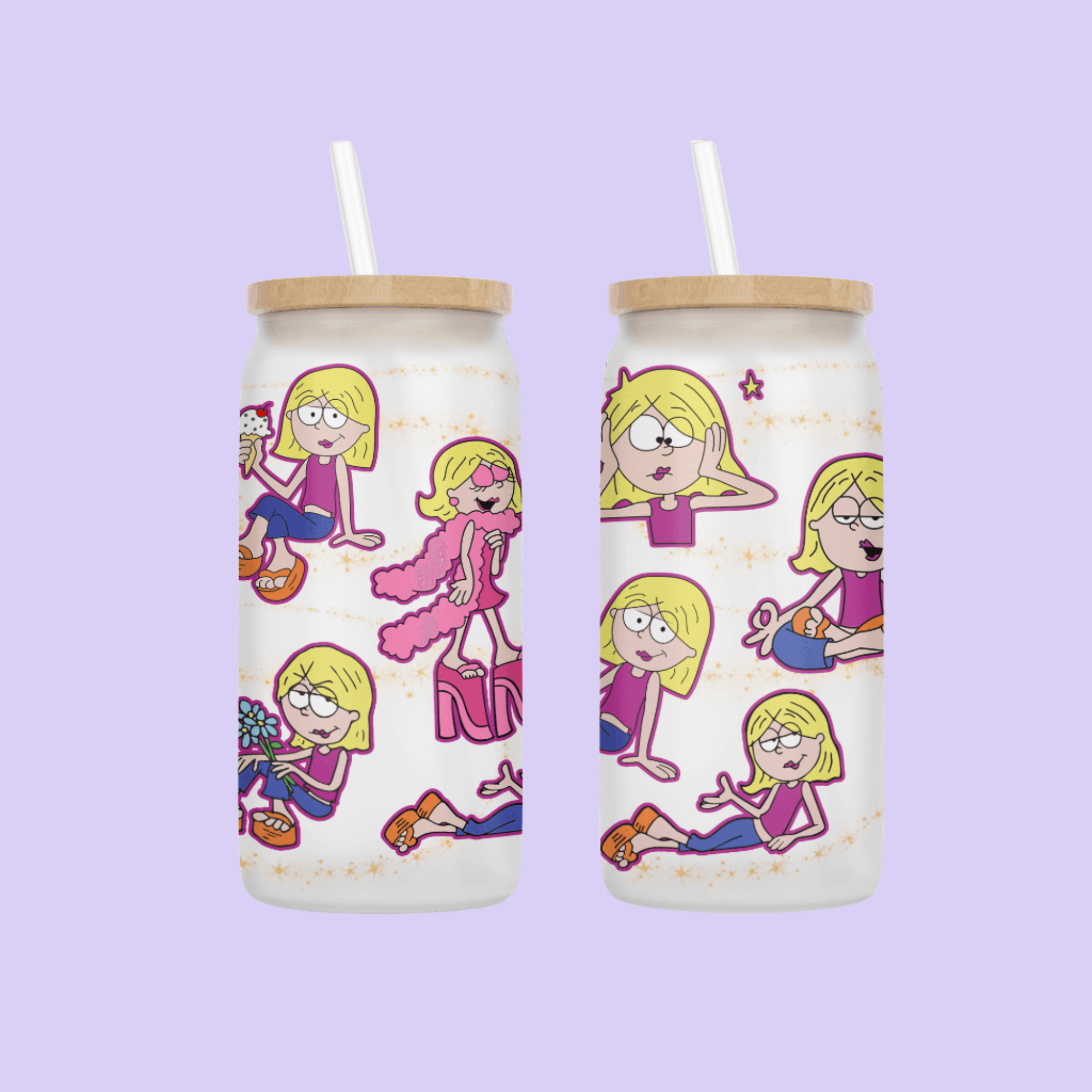Cartoon girl tumbler, white background, multiple images of the cartoon character, straw.