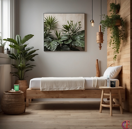 Cozy bedroom with wooden bed, plants, and art. Relaxing atmosphere.