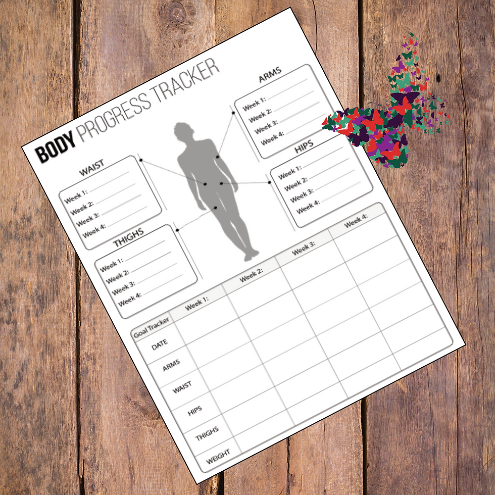 Thumbnail: Body Progress Tracker worksheet on wood table with body outline and sections.