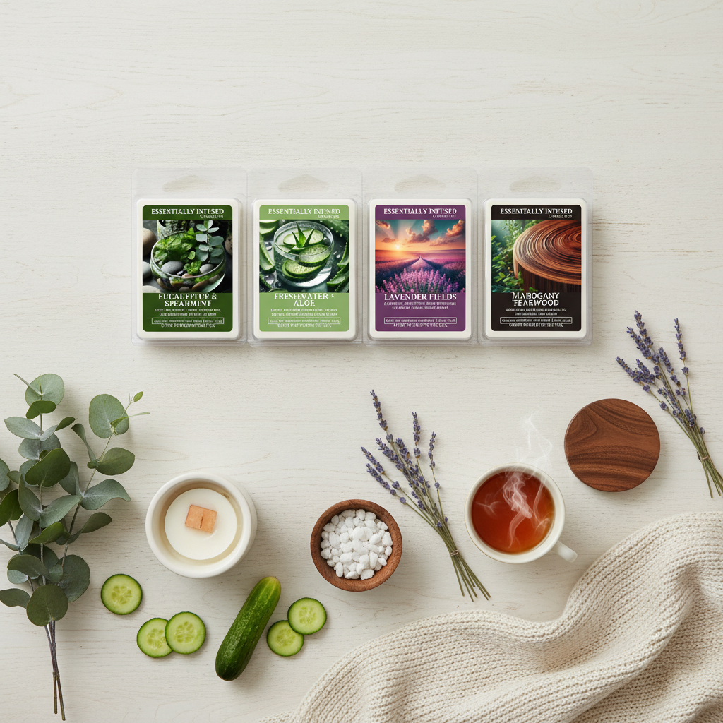 Wax melts in 6pc plastic clamshell with photo and scent profile listed.