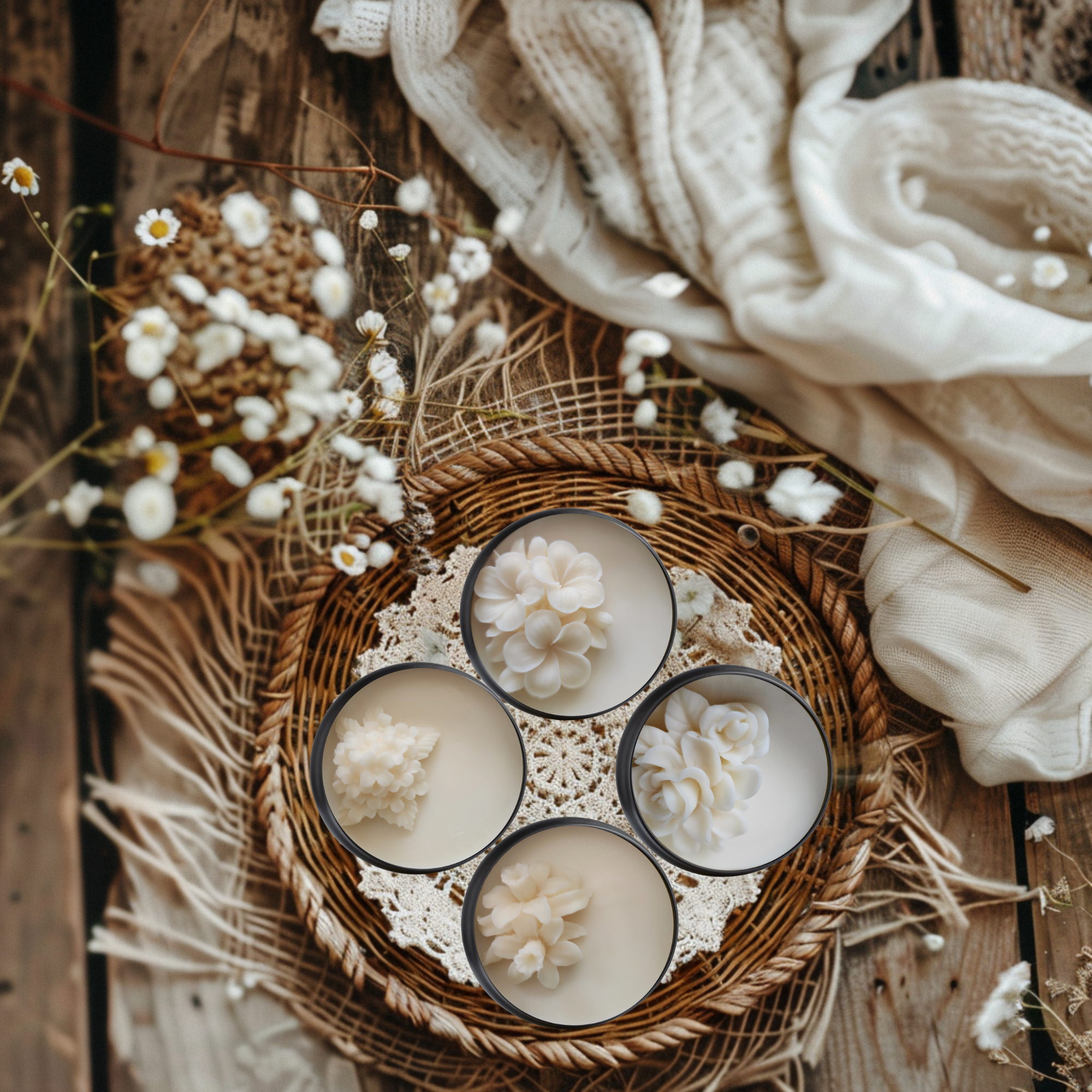 Four Essentially Infused wickless candles displayed on a rustic woven tray with warm, earthy décor in the background.