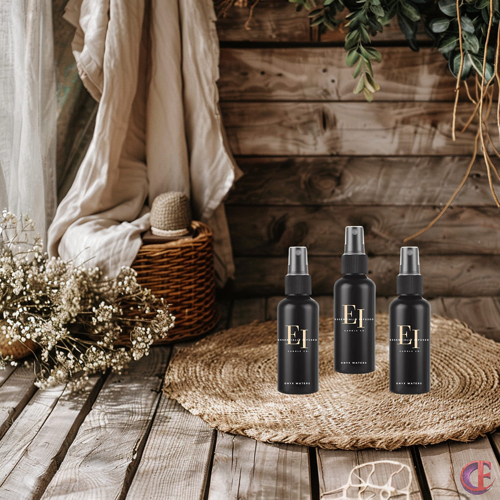 Three Essentially Infused everyday room sprays displayed on a rustic woven tray with warm, earthy décor in the background.