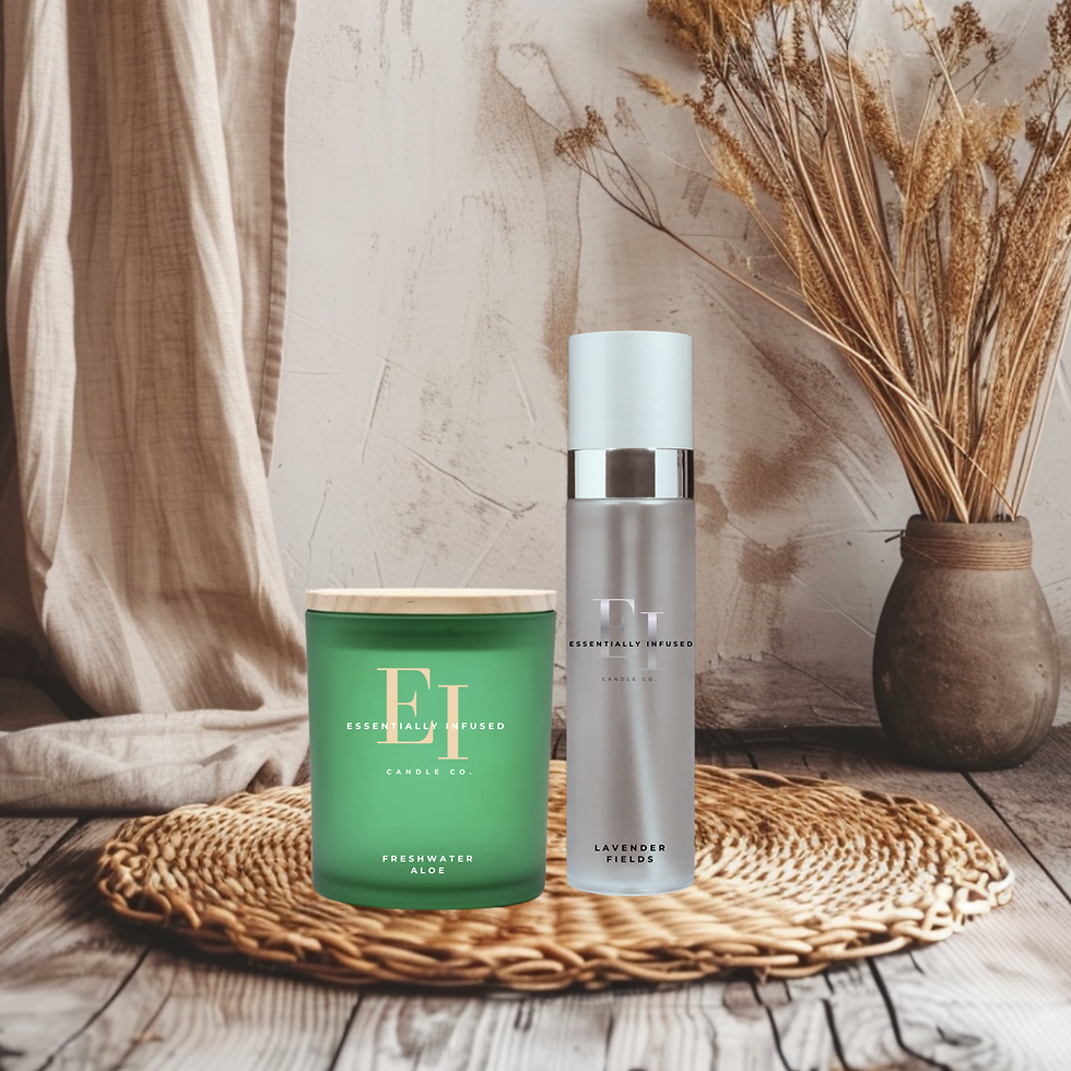 Candle and spray duo with text: 7oz Coconut Soy, 3.4oz Luxury Room Spray.