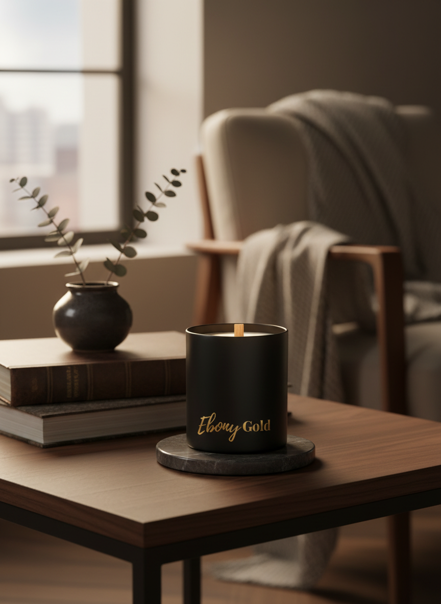 Thumbnail: Ebony Gold candle on a table in a cozy, softly lit living space.
