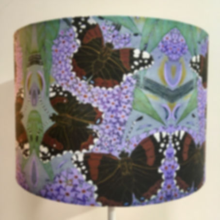 RED ADMIRALS & BUDDLIA drum lampshade. Handmade. Batik design. 3 sizes available