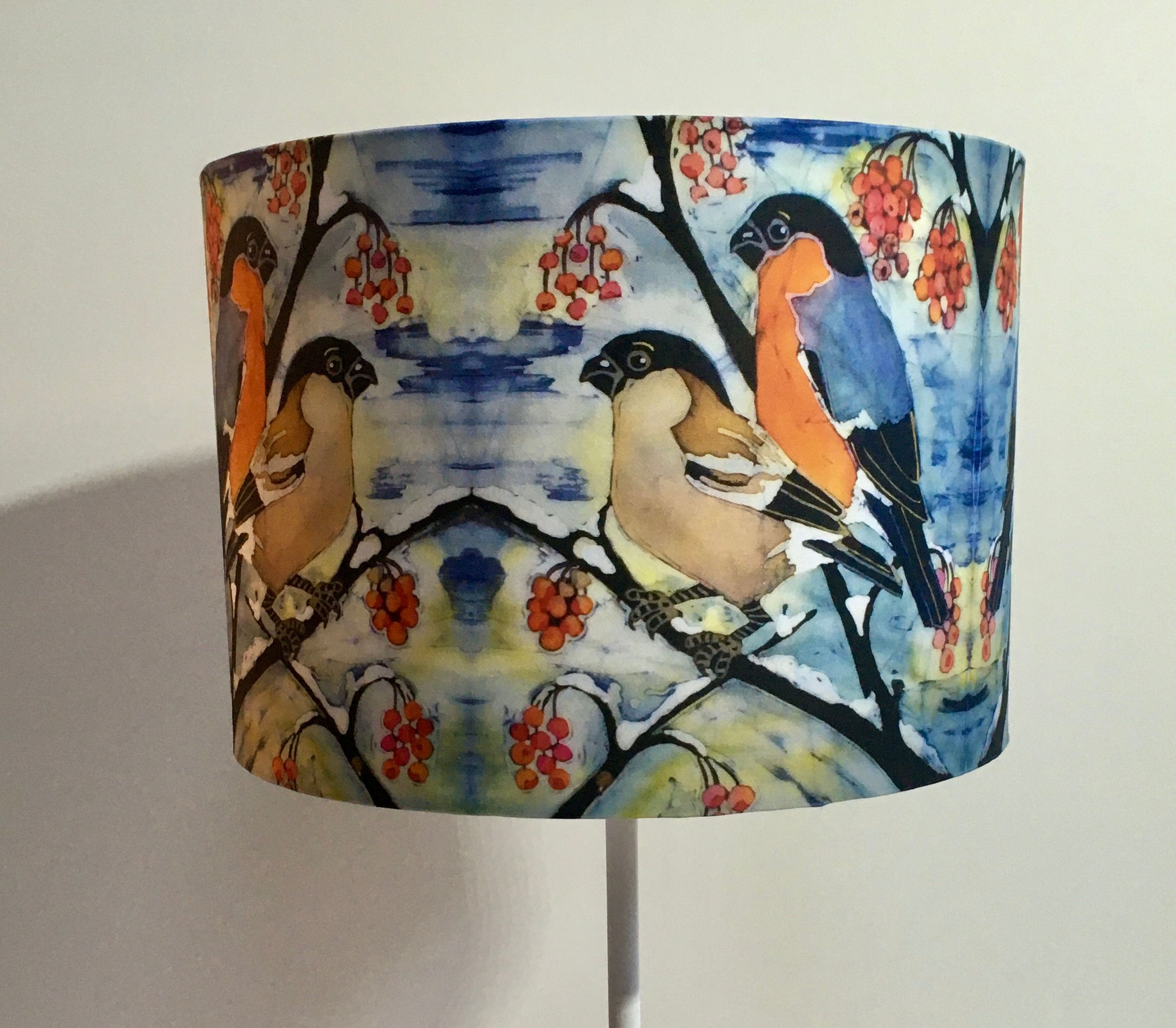 BULLFINCHES lamp shade. drum. batik design. Handmade. 3 sizes available