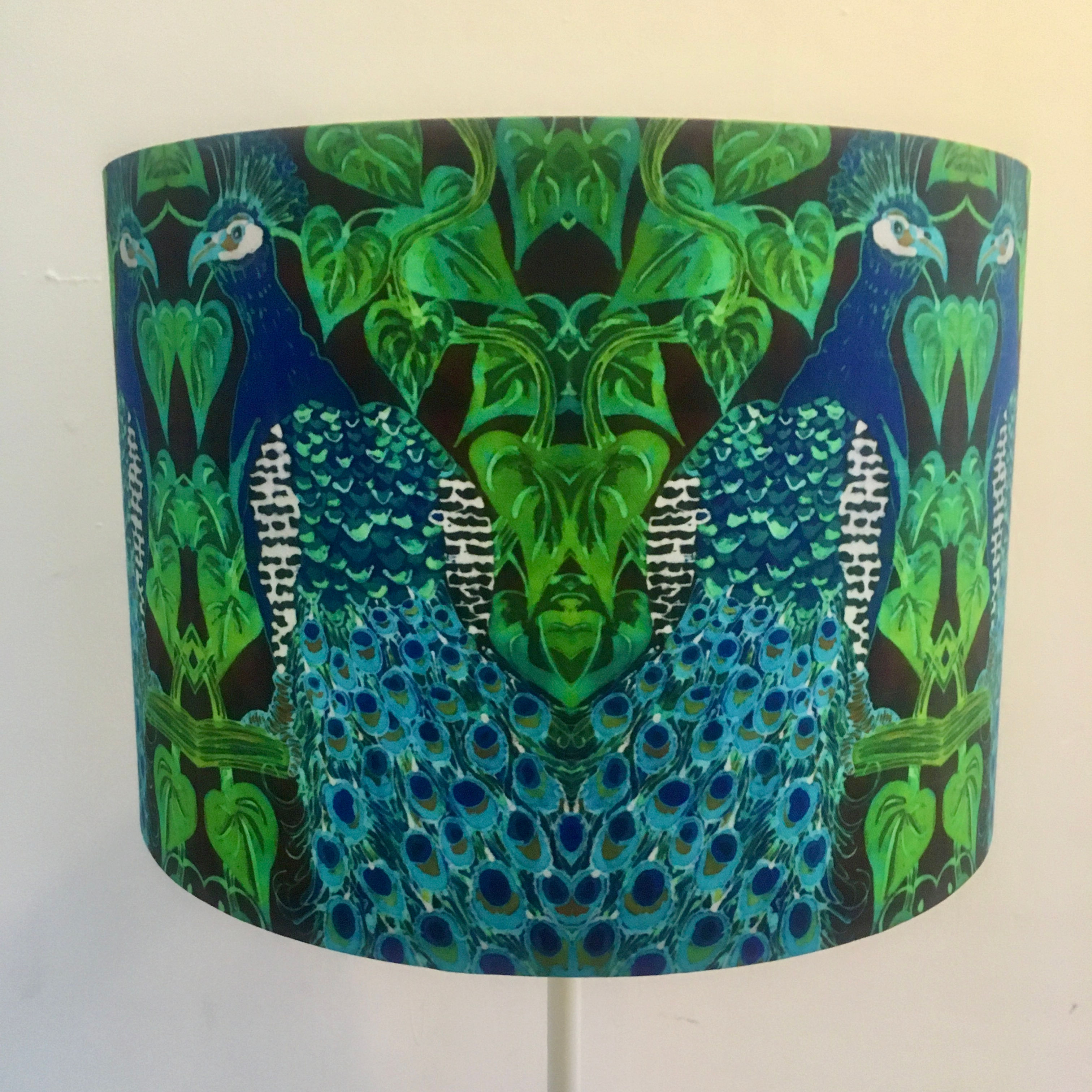 PEACOCK drum lampshade. 30cm or 40cm diameter