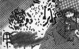 This is a monochrome high contrast image, presenting a chaotic arrangement of letter-based patterns mixed with structured textures, reminiscent of a detailed pencil sketch or a complex woodcut illustration.  In the central area, an open, light space is filled with what appear to be stylized letter Is and numeral 1s. These characters are dense, almost forming a scattered, textured field. Emerging from this chaotic field are several pillar-like structures, also depicted by the accumulation of these same letters and numbers, adding an architectural element to the scene.  The upper section of the image features a dense, pixelated pattern resembling a chessboard with alternating dark and light squares; the lower-right region displays a traditional plaid pattern. In contrast, the lower-left corner shows a condensed cluster of the letters "F," "I," "G," "U," "R," and number 1s. This particular cluster stands out, adding a layer of textual complexity to the overall design.  This image is a composition that is visually arresting. The interplay of recognizable characters forming abstract patterns, along with structured textures, creates a surreal and intriguing piece with a slightly ambiguous quality.