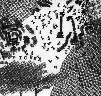 This is a monochrome high contrast image, presenting a chaotic arrangement of letter-based patterns mixed with structured textures, reminiscent of a detailed pencil sketch or a complex woodcut illustration.  In the central area, an open, light space is filled with what appear to be stylized letter Is and numeral 1s. These characters are dense, almost forming a scattered, textured field. Emerging from this chaotic field are several pillar-like structures, also depicted by the accumulation of these same letters and numbers, adding an architectural element to the scene.  The upper section of the image features a dense, pixelated pattern resembling a chessboard with alternating dark and light squares; the lower-right region displays a traditional plaid pattern. In contrast, the lower-left corner shows a condensed cluster of the letters "F," "I," "G," "U," "R," and number 1s. This particular cluster stands out, adding a layer of textual complexity to the overall design.  This image is a composition that is visually arresting. The interplay of recognizable characters forming abstract patterns, along with structured textures, creates a surreal and intriguing piece with a slightly ambiguous quality.