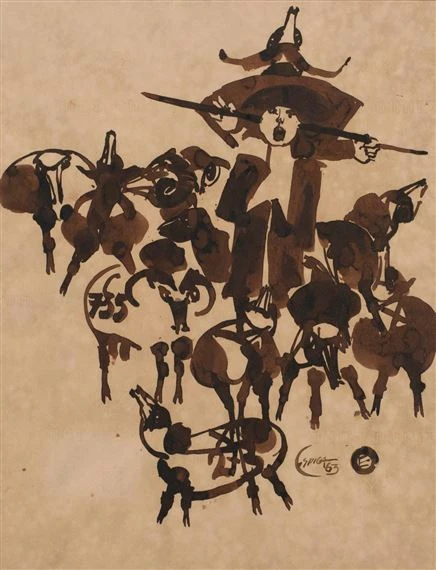 A brown ink drawing against a light tan background depicts a person in a hat and robe holding a staff, surrounded by animals. The person is positioned at the top of the frame. The robe is loose and flowing, and the hat appears wide-brimmed. The person holds a long staff horizontally across their chest. Their facial expression seems to be one of shouting or calling out, with an open mouth. A crowd of animals surrounds the person. Many appear to be goats or sheep, with curled horns and slim legs. Ink wash is used to create shading and depth, which defines the shapes of the figures and animals. The loose, gestural brushstrokes of the rendering makes the movement of the flock and the shepherd seem chaotic. A signature is visible in the lower right corner.