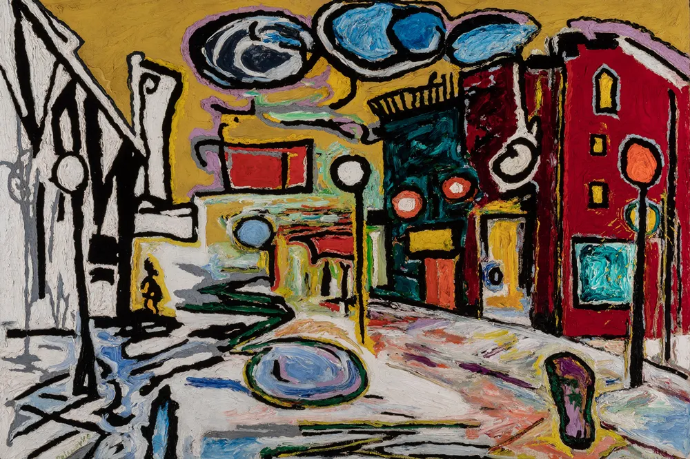 An abstract painting in a square format depicts a cityscape. The dominant background color is old gold, against which other colors and shapes are set to create the urban scene.  In the upper section of the painting, stylized clouds float overhead, rendered with swirls of light blue, white, and navy outlines. Below, a red, rectangular form hovers on the left, possibly representing a rooftop or building facade.  To the right, there's a tall, deep teal structure, suggestive of a building, with what appear to be round, orange windows for eyes, lending a somewhat whimsical, personified aspect to the architecture. A dark red rectangular element stands nearby.  A tall white structure is noticeable on the left side, contrasting with the darker tones around it. Linear brushstrokes in black, white, and gray seem to depict the street and sidewalk, with a winding, serpentine pattern across the ground.  A small, circular pool of color, a blend of blue and white, is visible in the foreground, seemingly part of the street. Interspersed throughout the scene are vertical lines topped with circles, possibly representing street lamps.  The overall impression is one of a vividly imagined cityscape, drawn with bold colors and an inventive perspective. The thick application of paint and the abstract forms give the piece a distinctive, textured quality.