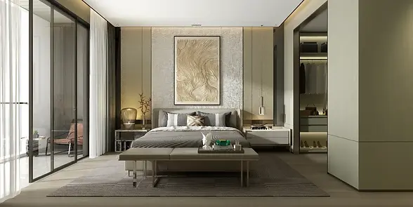 contemporary modern bedroom featuring a kristy kun felted sculpture wall piece