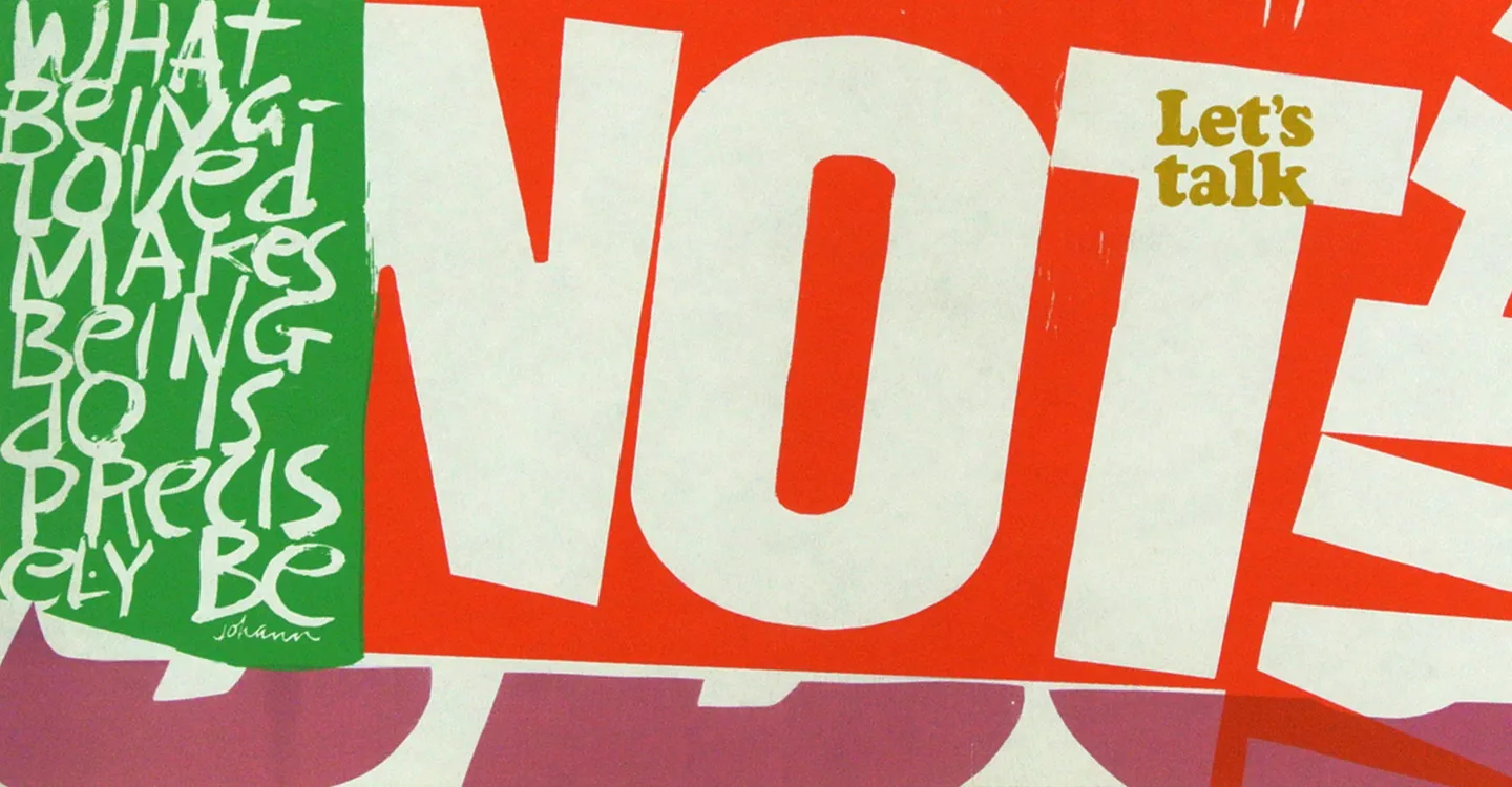 The image exhibits a section of a graphic design, likely from a poster or similar material, with a bold and striking color palette. Predominantly, one sees large, white sans-serif letters against a solid red background. The top border of the image is a bright, cerulean blue. The lower edge features a purple background with glimpses of white within it. Traces of green are visible near the left edge of the frame. The texture of the background appears slightly grainy, suggesting a screen-printed or possibly a digitally-printed design.