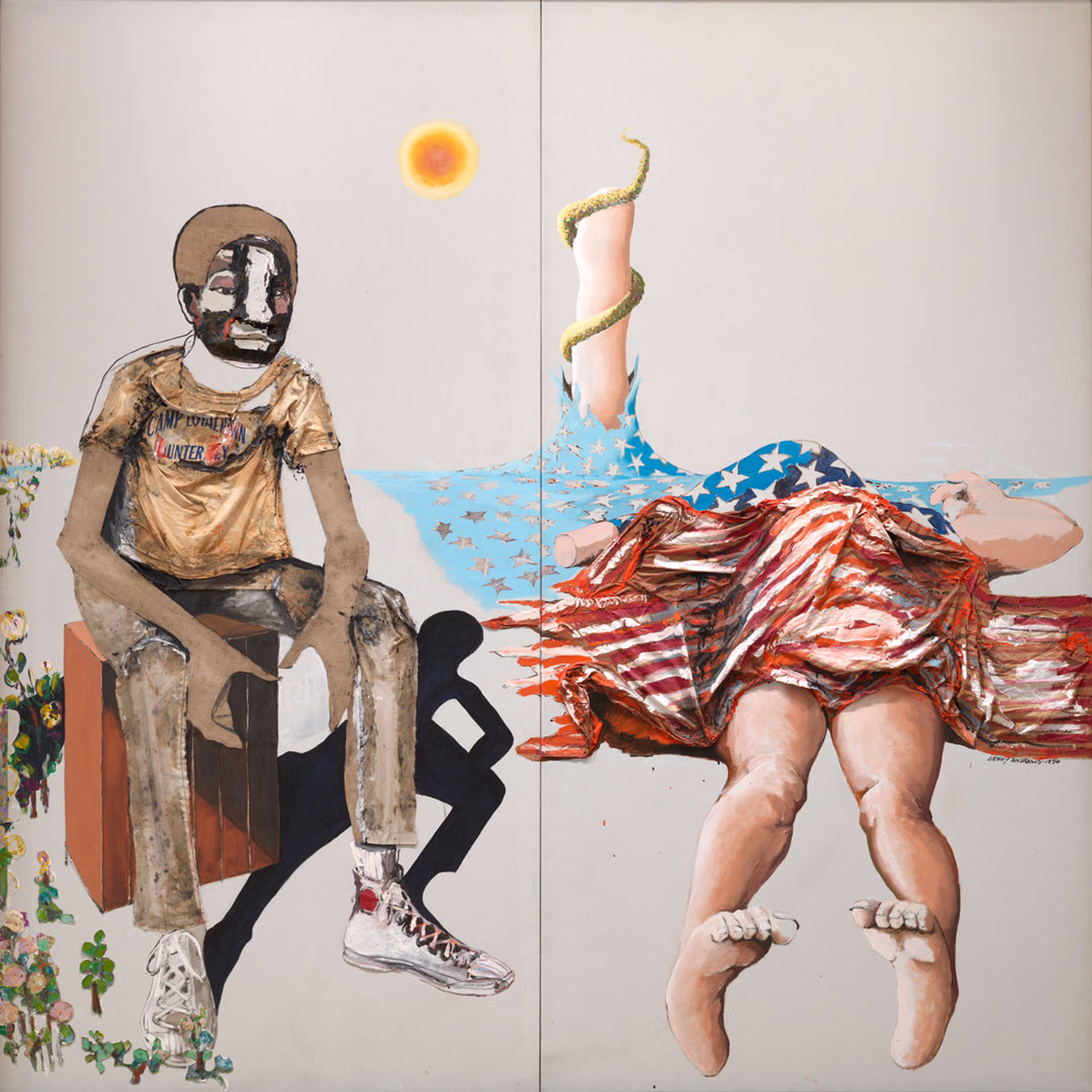 depicts a seated figure and a person covered by an American flag.  The painting is divided into two rectangular panels. The white background sets the stage for peculiar artistic renderings. On the left, a person with a dark complexion and brown curly hair, sporting a golden shirt and tan trousers, perches jauntily on a brick-red block placed near the viewer. The individual's features, marked by uneven skin tones and vacant eyes, are stark and haunting. The person’s shirt reads “MY POWER IS…” in stylized lettering. The outfit is completed with white sneakers, one with a red rose on the ankle. A contrasting black shadow of a stylized figure with raised arms crouches near the subject, adding a layer of mystery to the scene.  On the right panel, a body lies prone, draped in a flag that bears the colors and patterns of the American flag. Just above them, a fleshy appendage reaches toward the sky, encircled by a serpentine form. The presence of a celestial body is seen above, casting a faint spherical glow.