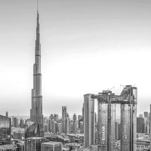 An outdoor image of Dubai, UAE in black & white