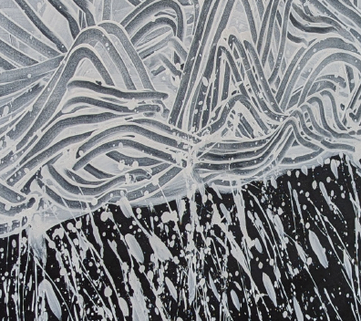Abstract art with horizontal black and white brushstrokes creates a landscape view. The top half of the image features the white brushstrokes creating a mountain range-like impression, which are closely placed, lined up, and arch downward. The bottom half features the black brushstrokes with speckles of white. The top and bottom half are placed side by side.
