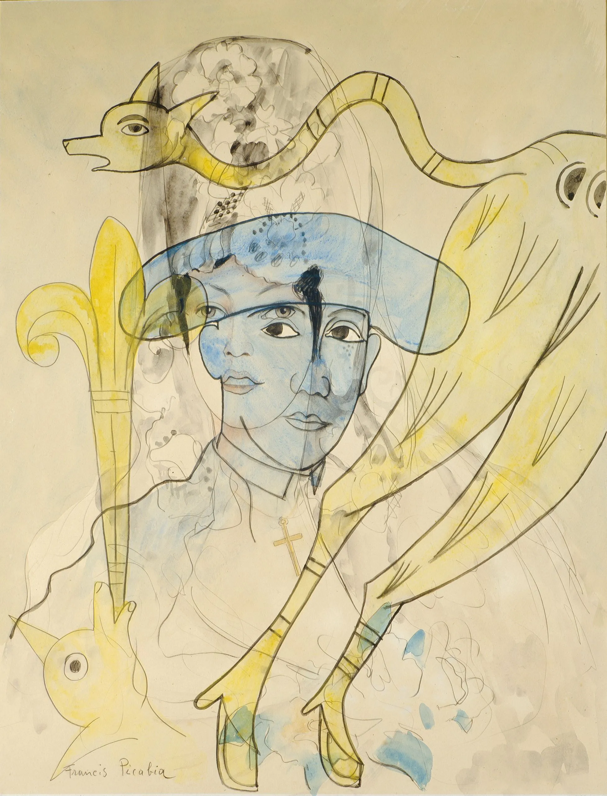 This is a mixed media piece of art with yellow, blue and black as the main colors. An androgynous face takes up the center of the image. It is mostly blue in color with black vertical smudges to the right of the face. The face is drawn with two left sides of faces. A blue hat is on its head. In front of it is the stem and top of a yellow lily. A priest collar and cross can be seen just below the face. In the top left of the image, on top of a grey tree, is a yellow dragon, snaked around and coming back down the tree. The top right of the image has a yellow, ghost-like creature with black eyes. At the bottom of he lily stem is a small yellow bird-like figure.