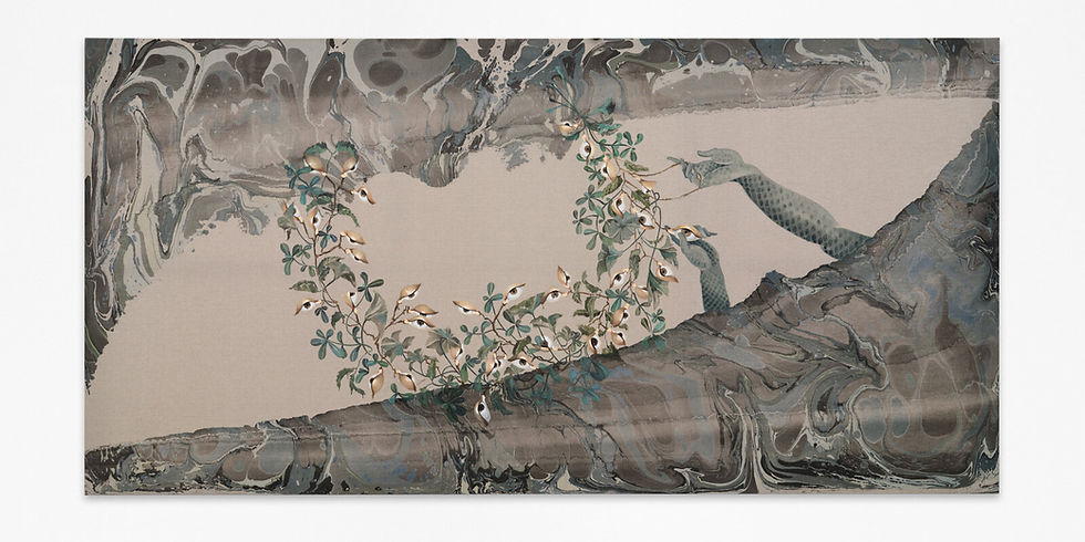 Abstract art with swirling gray and marbled patterns. Central snake-like form with eye-patterned vine on beige background, evoking mystery by Hayv Kahraman