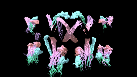 Extract from 'Other Bodies' (6m14s) © Courtesy of Cecilia Bengolea. choreography to ethereal 3D entities – ghost-like, octopus-inspired forms embodying decentralised intelligence and multiplicity. These matter beings – interstellar children, intuitive meteorites and gas-based lifeforms with butterfly limbs and tentacled gestures – emerge through multi-algorithmic processes that suggest a peaceful void pulsating with potential.