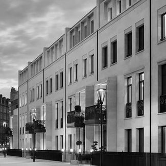black and white outdoor image of chelsea barracks in london, uk