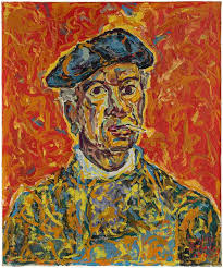 Painting: painted portrait of a man staring into the camera with a cigarette in his mouth wearing a blue hat and shirt. The background is orange and blends with the colors of the man. The man's skin is painted using heavy brush strokes of yellow and blue. There is a bit of gray, but the portrait is consistent across color and shading. The man's face is long with a slight amount of hair on his head. His eyes are dark, and his shirt is open, revealing a white buttoned up shirt. The background is a chaotic brush stroke in reds and orange.