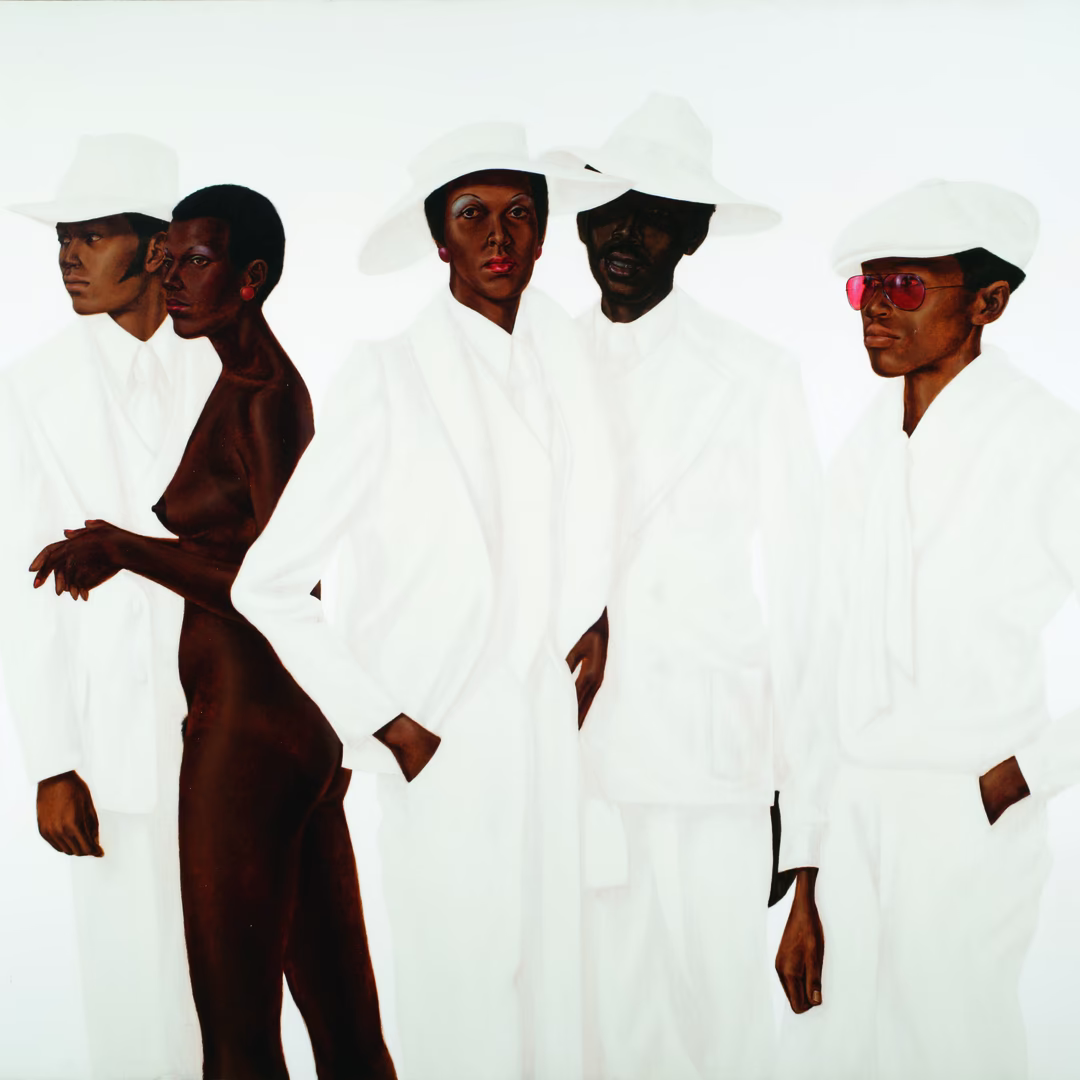 An oil painting features five dark-skinned figures against a stark white background. They're lined up shoulder-to-shoulder, four men dressed impeccably in white suits and hats, while a woman stands nude except for a pair of red earrings.  The leftmost man is seen in a side profile, gazing left of the frame and wearing a white suit and matching fedora. Next to him, the dark-skinned woman is nude, her profile facing left with a pair of striking red earrings. The third figure, a man with red lipstick, stares directly ahead, wearing a wide-brimmed, white hat atop his white suit. The fourth man stands next to him, his face obscured by the shadow of his white hat. On the far right, the final man sports a white suit and cap, his profile angled to the right, with red-tinted glasses adding a dash of contrast. Each figure, except the nude woman, strikes a pose with their hands tucked into their pockets. The painting is executed in a realistic style, emphasizing the shades of brown in skin tones, the crispness of the white clothing, and the interplay of light and shadow.